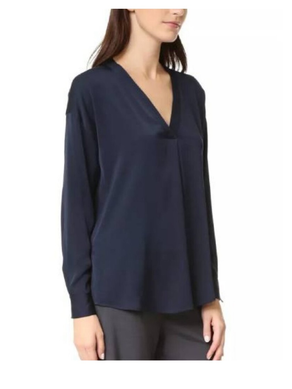 Vince Navy Crossover V-Neck Long Sleeve Blouse in Coastal Blue